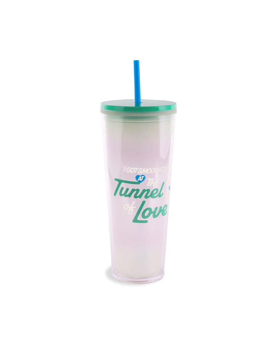 24 oz color changing tumbler with the saying 'i got smooched at the tunnel of love' across the front