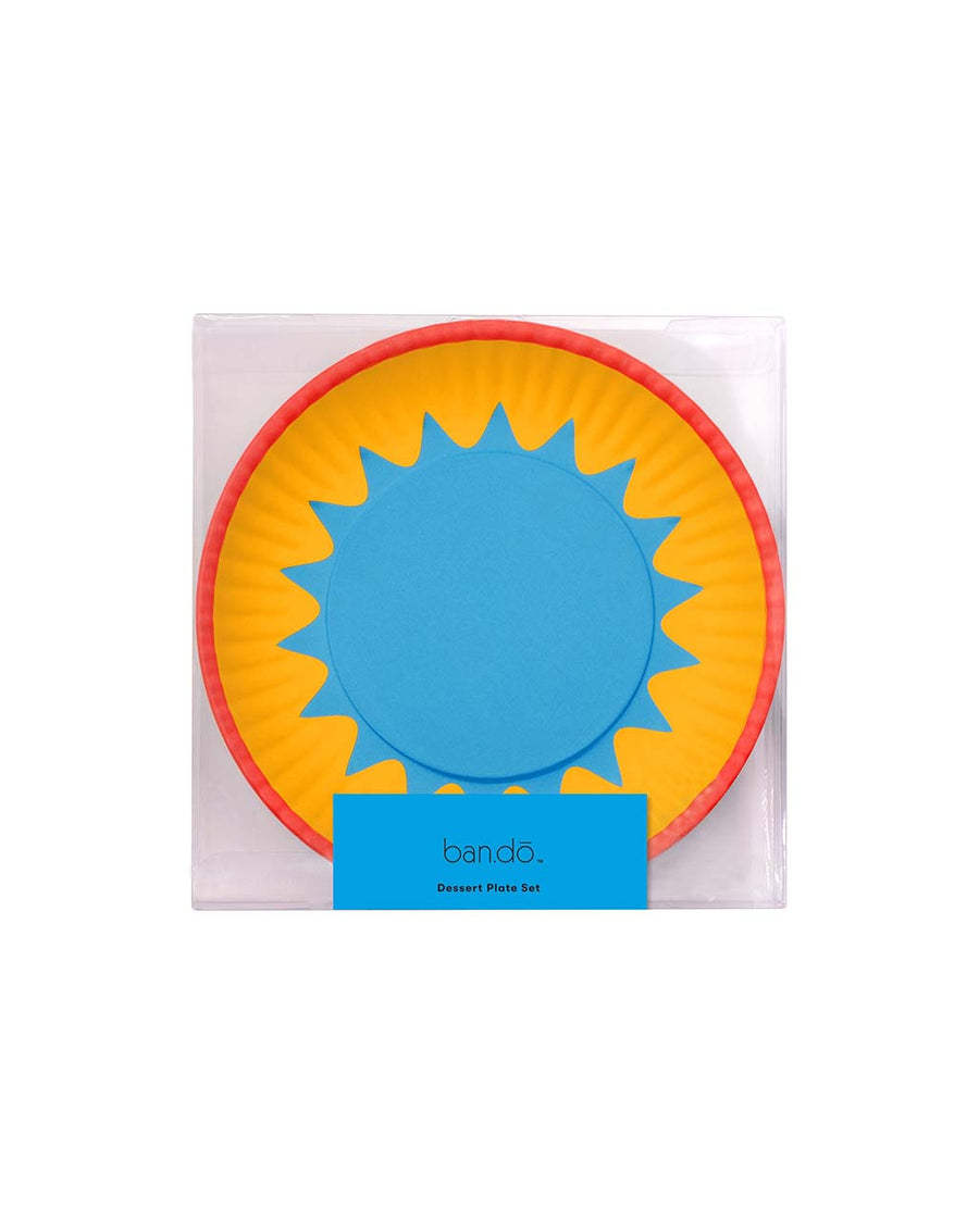 packaged set of four dessert plate set with vibrant color blocking