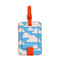 blue skies and clouds on the back of cream luggage tag with red trim and retro 'i'd rather be flying' across the front