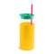 back view of glass tumbler with yellow sleeve that says 'i got smooched at the tunnel of love', green lid and pink straw