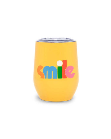 yellow stainless steel wine glass with multicolor 'smile' across the center