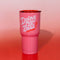 pink steel tumbler with pink lid and white 'doing my best' across the front on red and white gradient background