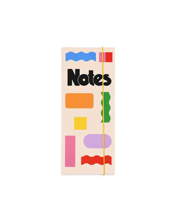 sticky note folio with cream ground and colorful shapes with black 'notes' and yellow elastic closure
