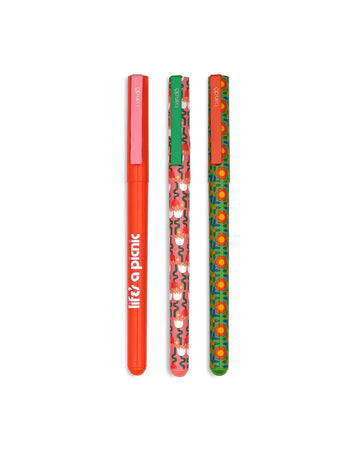 set of three black ink pens: red 'life's a picnic', pink abstract tulip and green folk floral