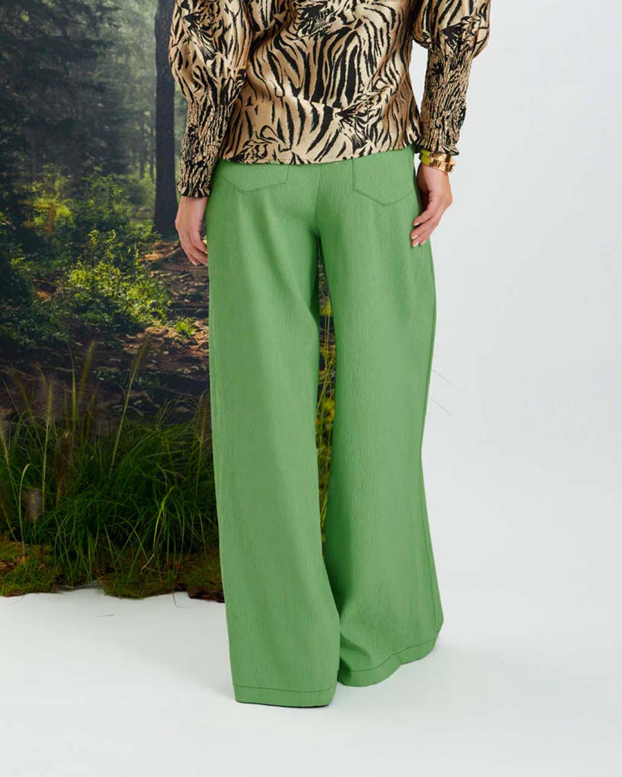 Back view, including pockets, of the hollis wide leg trousers in pear green