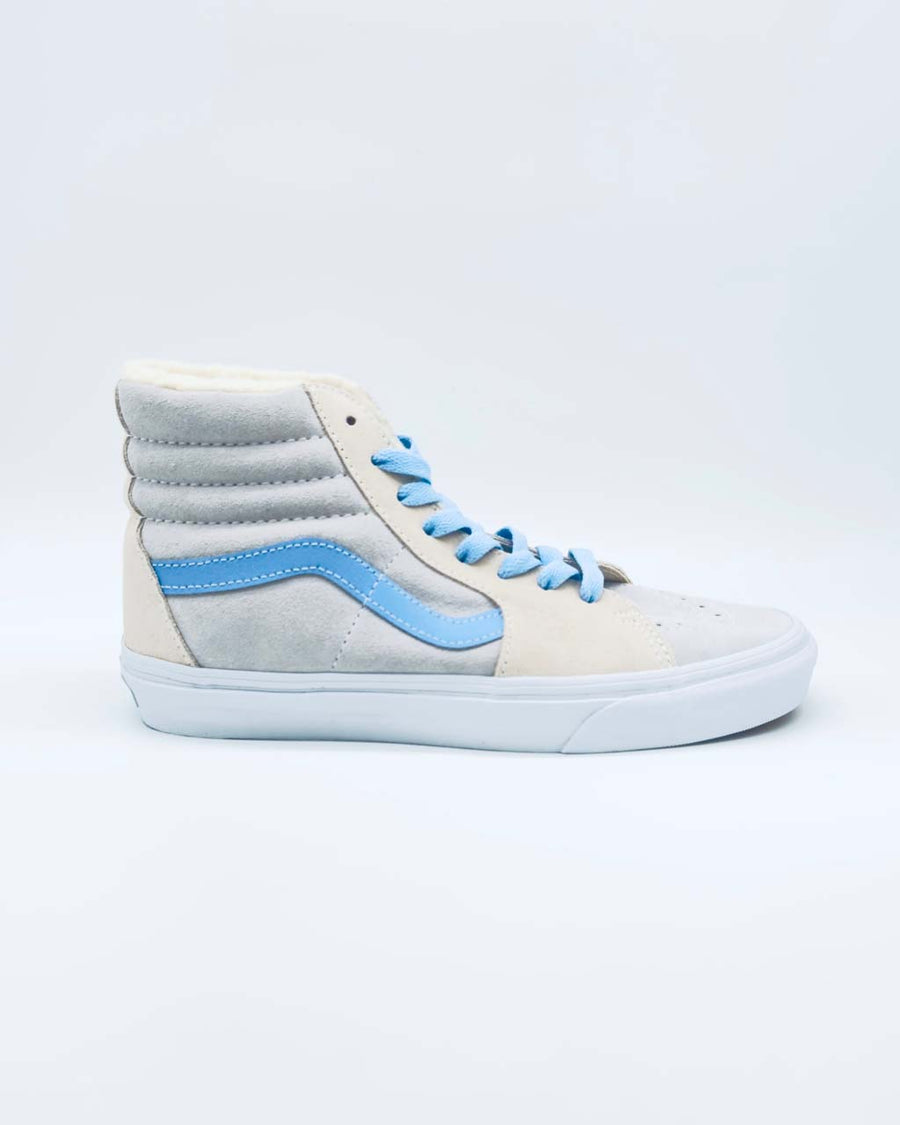 Side view of Vans high top sneaker with gray and cream body and blue details and laces