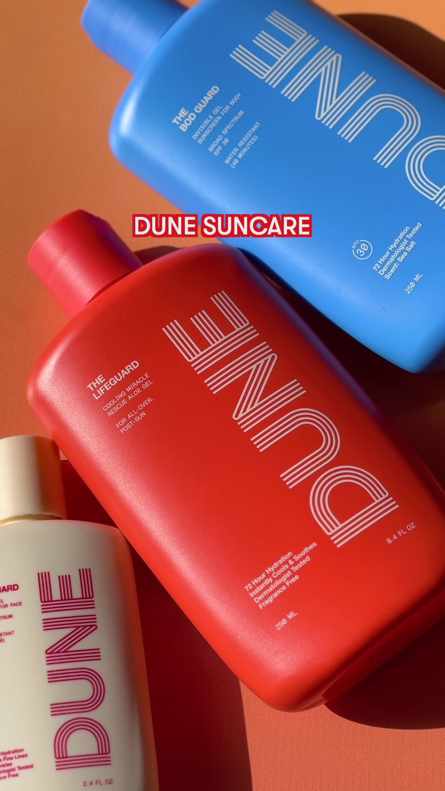 model showing attributes of dune sunscreen collection