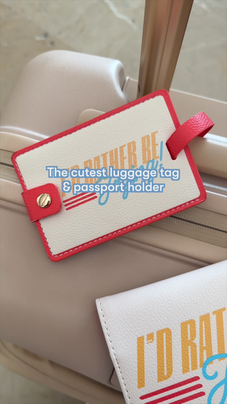 model using i'd rather be flying luggage tag and passport holder at the airport