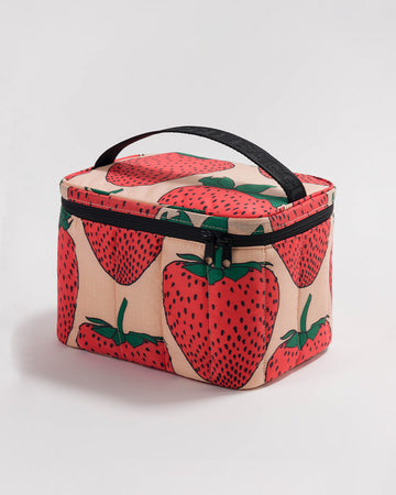 baggu puffy lunch bag with pink ground and all over strawberry print