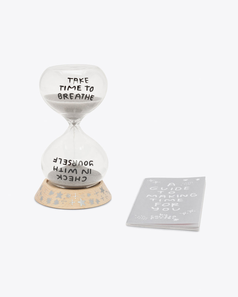 time for yourself sand timer with quotes reminding you to check on yourself along with a guide to make time for yourself