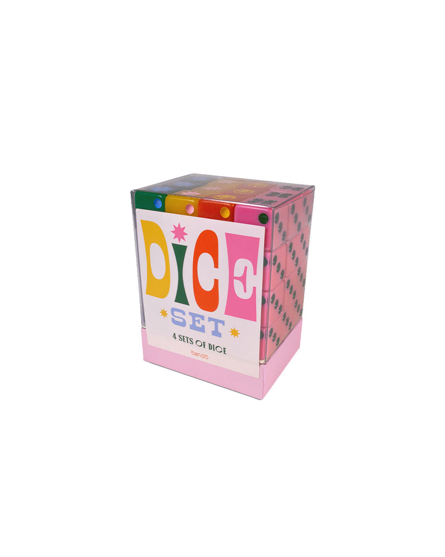 side view of dice game set with 4 sets of colorful dice