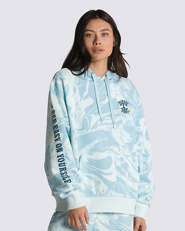 model wearing blue and white marble hoodie with 'always vans' graphic on chest and 'bee easy on yourself' down the sleeve