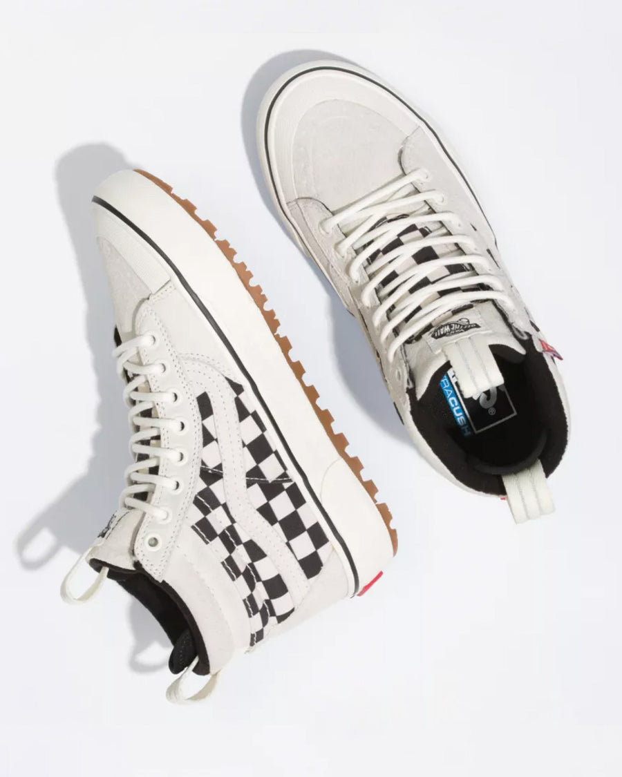 grey and black checkered high top sneaker with sawtooth soles
