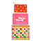 set of three carryall bags: small red with colorful starbursts, medium pink 'bet on yourself', and large clear bag with colorful checker and fun spade, heart, cherry, diamond print