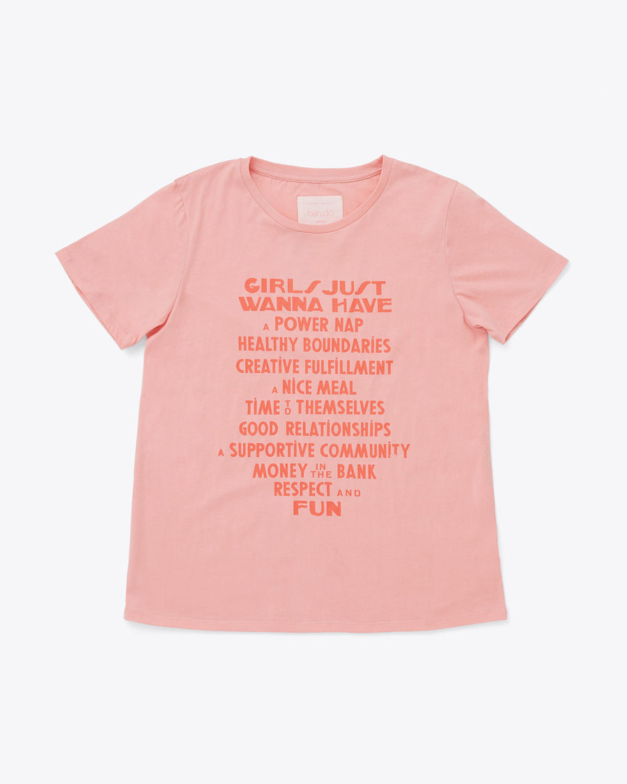 pink tee with coral pink text graphic