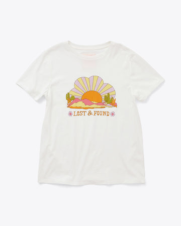 white tee with a desert design and the words lost & found