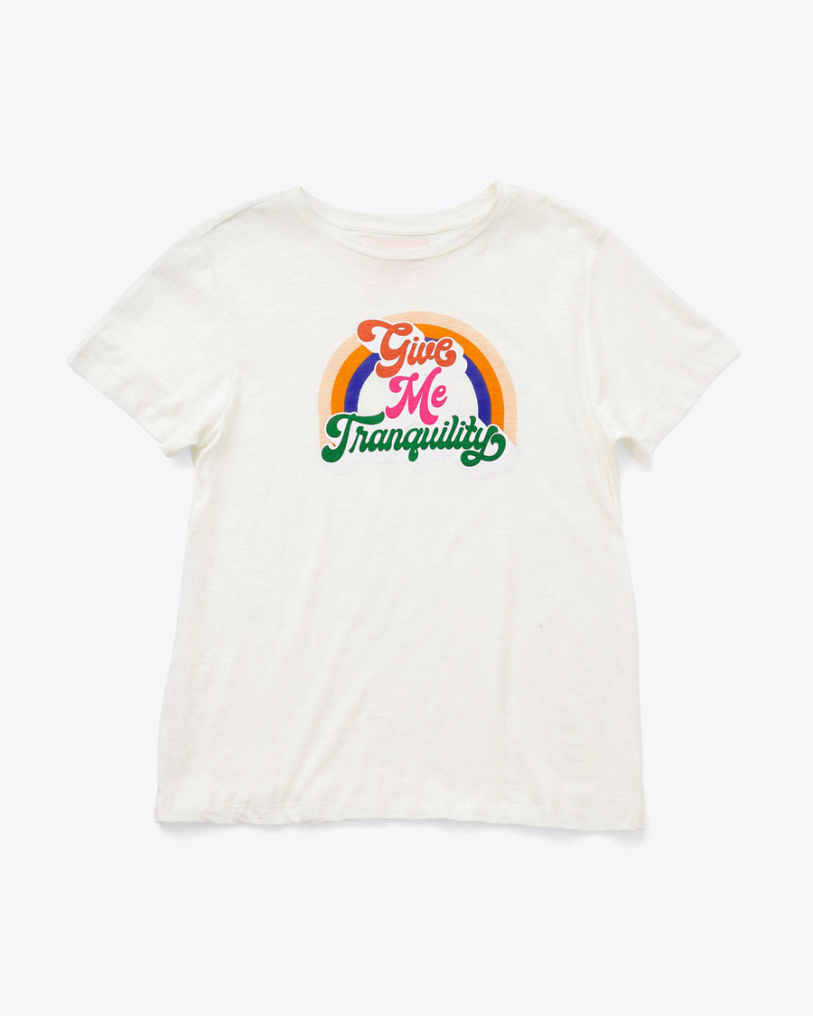 white tee with a rainbow design in the center and the words give me tranquility