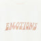 white tee with the word emotions in rhinestones