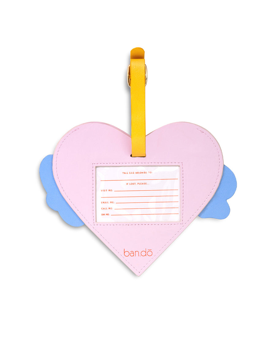 back view of heart shaped luggage tag with clear PVC window and yellow strap