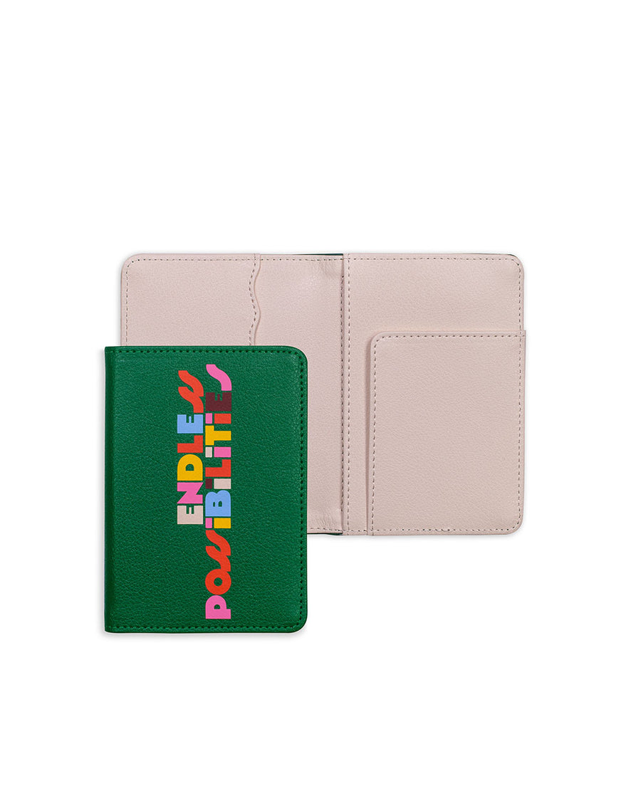 showcasing the green front and natural inside of passport wallet