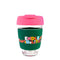 12 oz. dark green and hot pink glass travel mug with multicolor words 'endless possibilities'