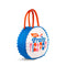 sideview of picnic cooler bag with white ground, retro 'drink fruity fizz pop' across the front, red double straps and blue scallop detail
