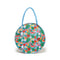 circle bag with blue ground and all over abstract fruit print