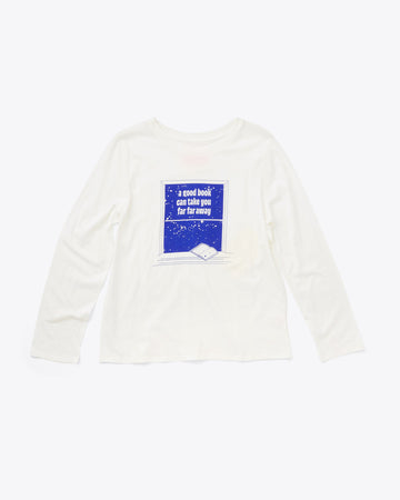 long sleeve white tee with blue graphic of a window looking out to a night sky with a book sitting on the sill and "a good book can take you far far away" text graphic