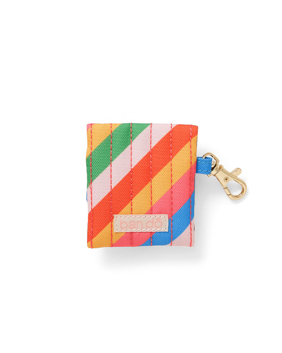 back view of earbuds case with diagonal rainbow stripes and gold clasp
