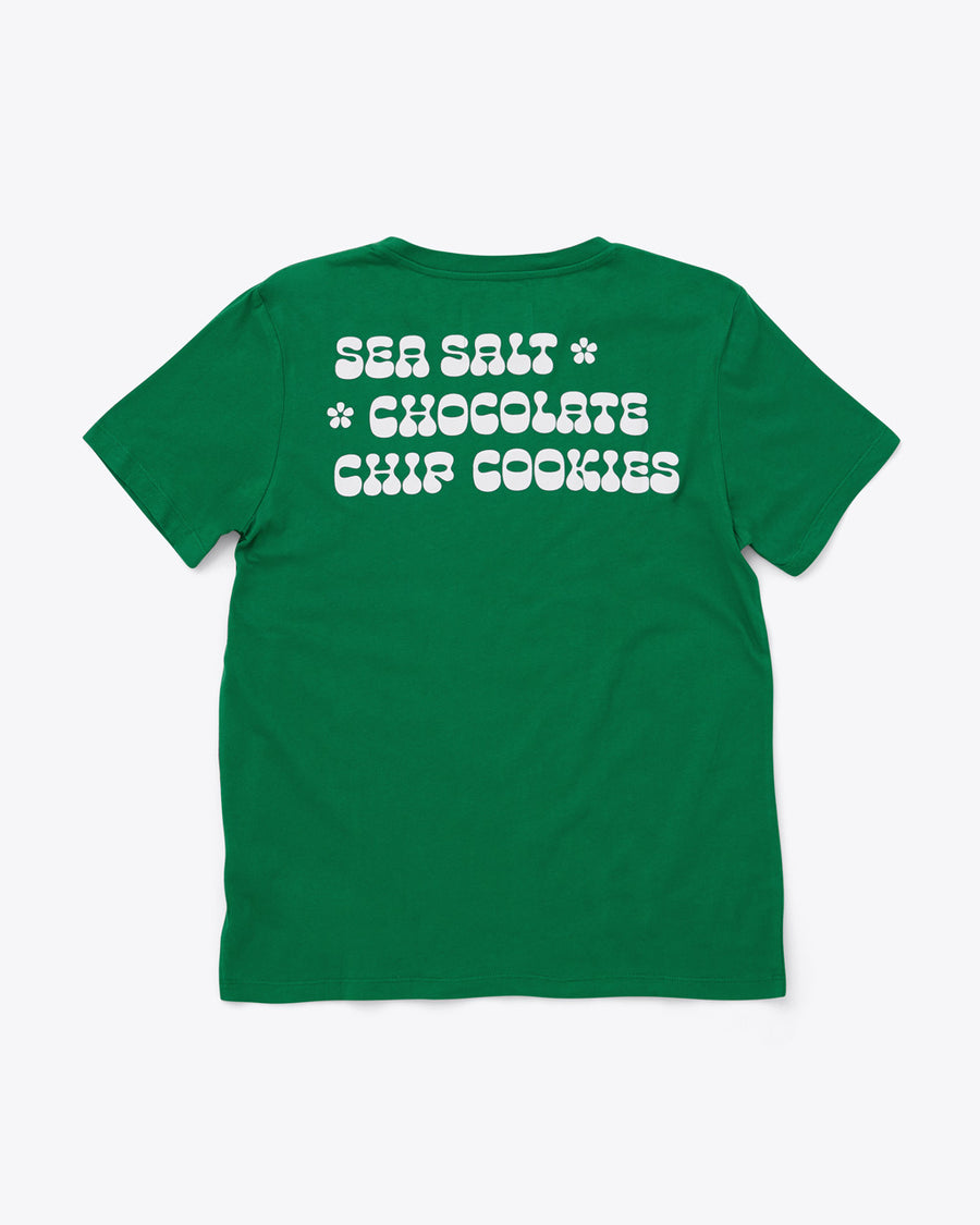 green t-shirt with "SEA SALT CHOCOLATE CHIP COOKIES" text graphic in 70s style font