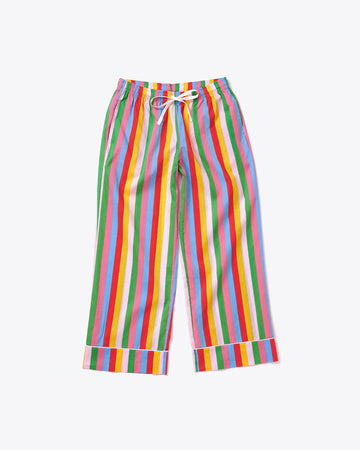 leisure pants with green, blue, pink, orange, and red vertical stripes