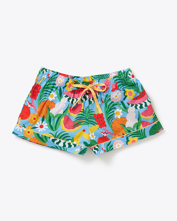 blue leisure shorts with abstract fruit and flower print