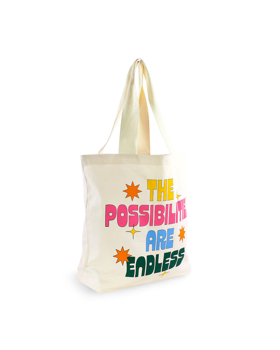 side view of multicolor 'the possibilities are endless' text and star graphic