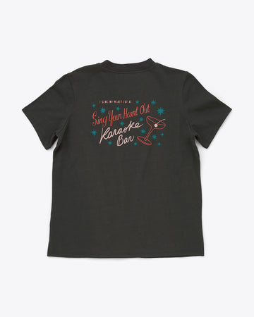 back of the black tee with a word art design featuring a martini glass