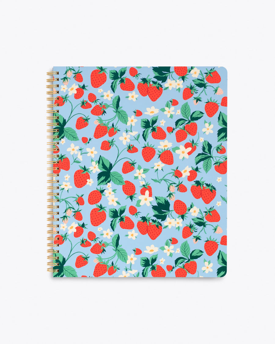 spiral bound notebook cover in blue strawberry floral pattern