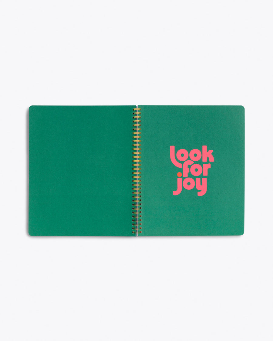 centerfold page of spiral bound notebook with solid green pages and "look for joy" text graphic