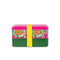 two plastic stacking bento boxes with hot pink lid, mint floral print, and dark green solid. both wrapped with yellow elastic