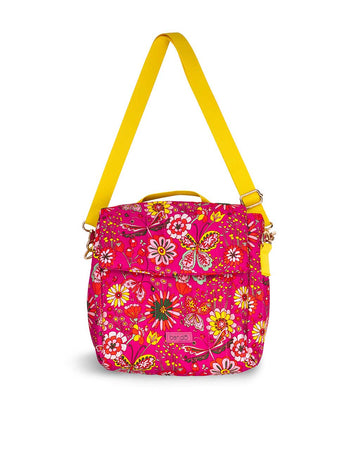 lunch bag with yellow detachable strap, and hot pink garden print