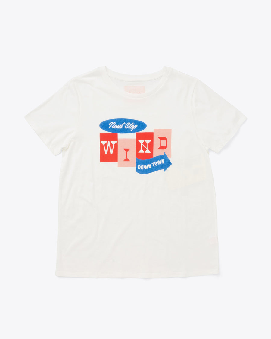 ivory t-shirt with "Next Stop Wind Down Town" text graphic and illustration