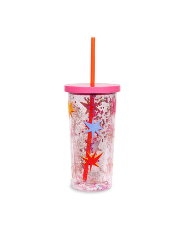 sip sip glitterbomb tumbler with colorful starburst print, pink lid, and red silicone straw