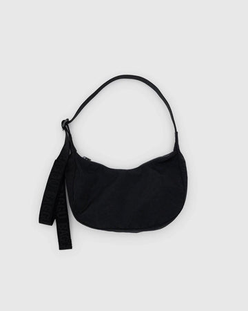 black small crescent bag with interior key leash