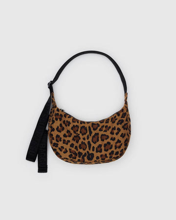 dark brown leather small crescent bag with black strap