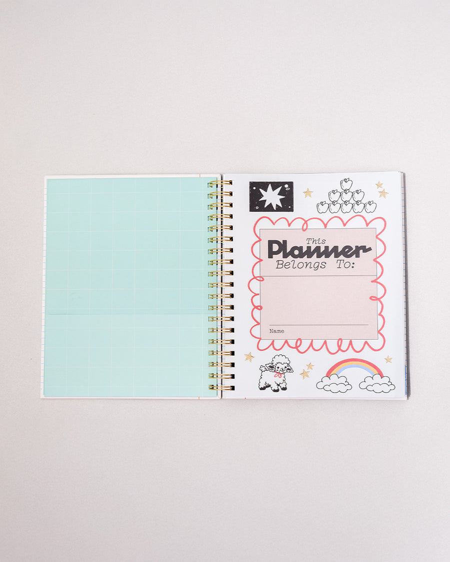 interior teal pocket and 'this planner belongs to:' page