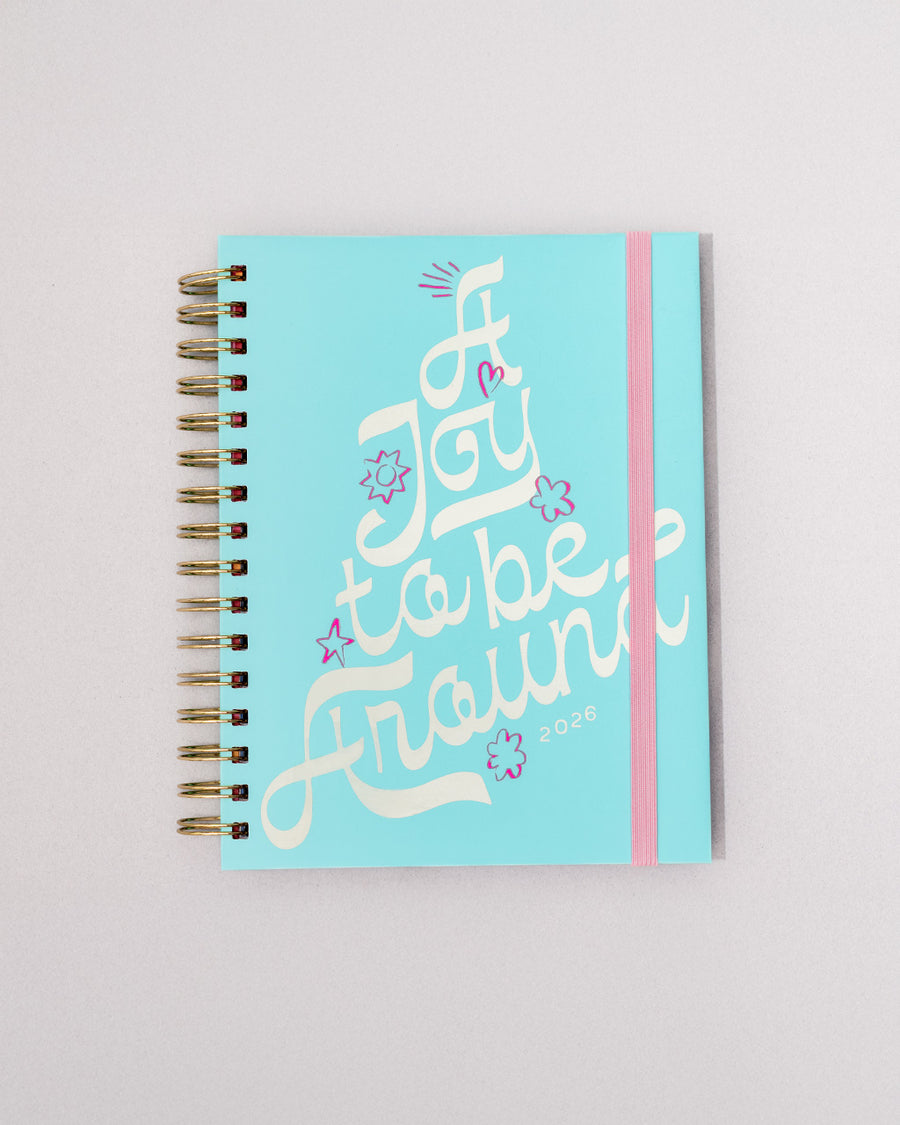 sky blue 12-month large planner with white 'a joy to be around' and light pink elastic closure