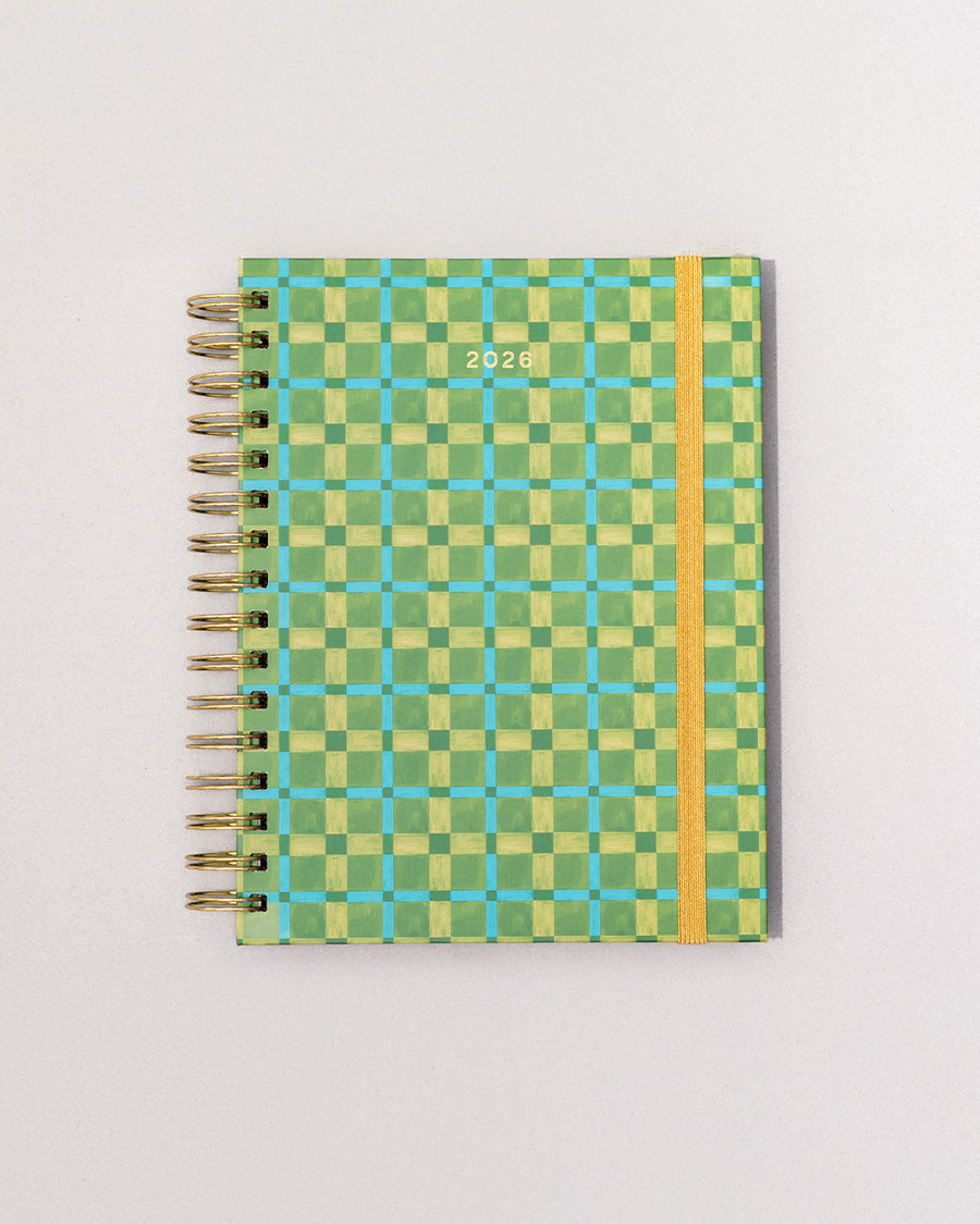 green, blue and yellow plaid 12-month large planner with golden yellow elastic closure