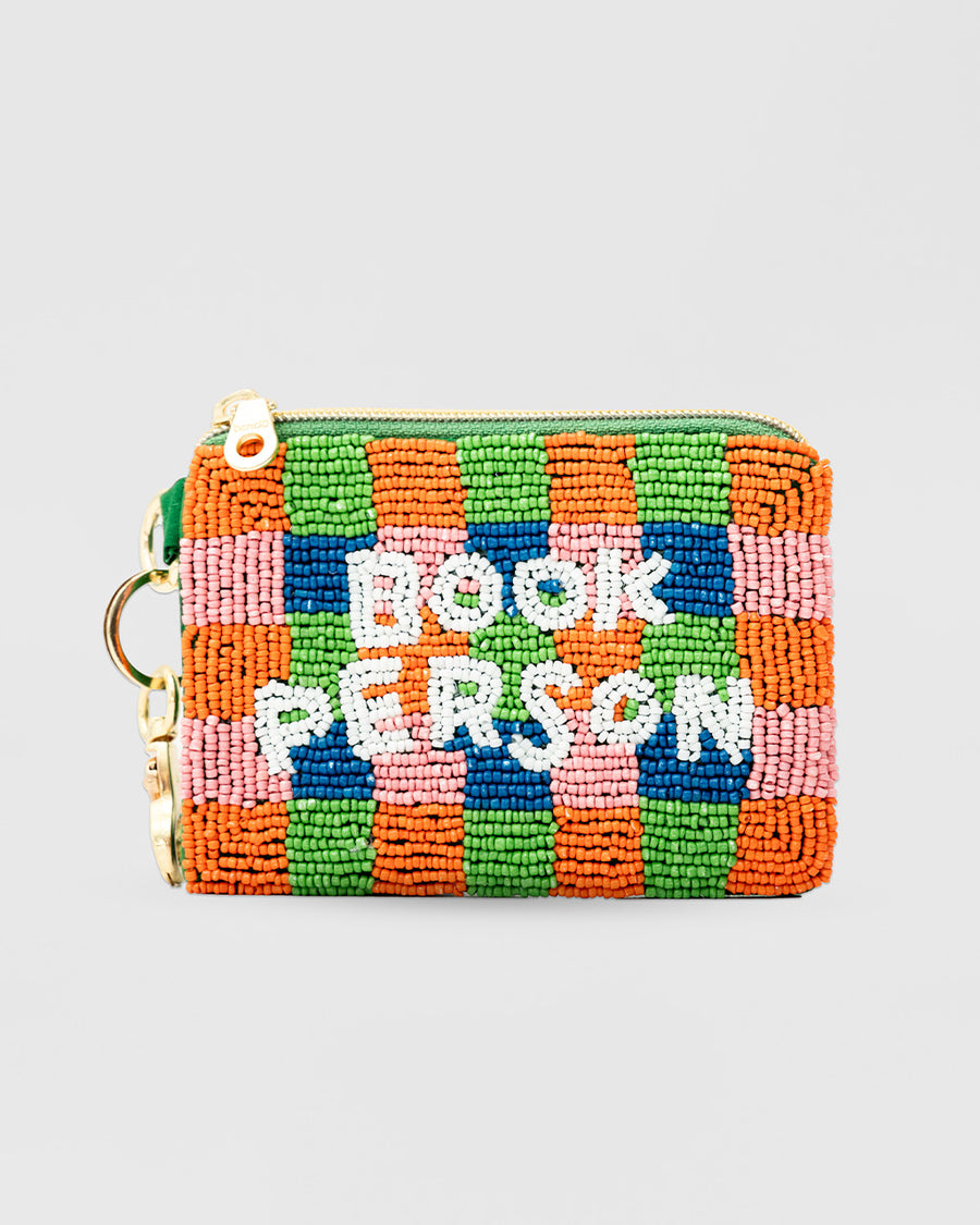 colorful checkered beaded coin pouch with white beaded 'book person' and removable gold hardware
