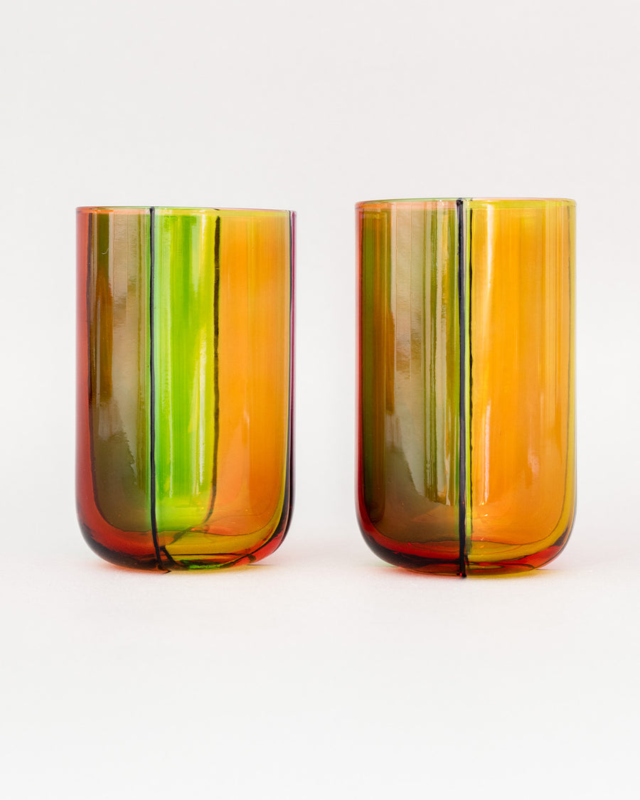 front view of set of two high ball glass set with four colors sections: pink, green, orange and red