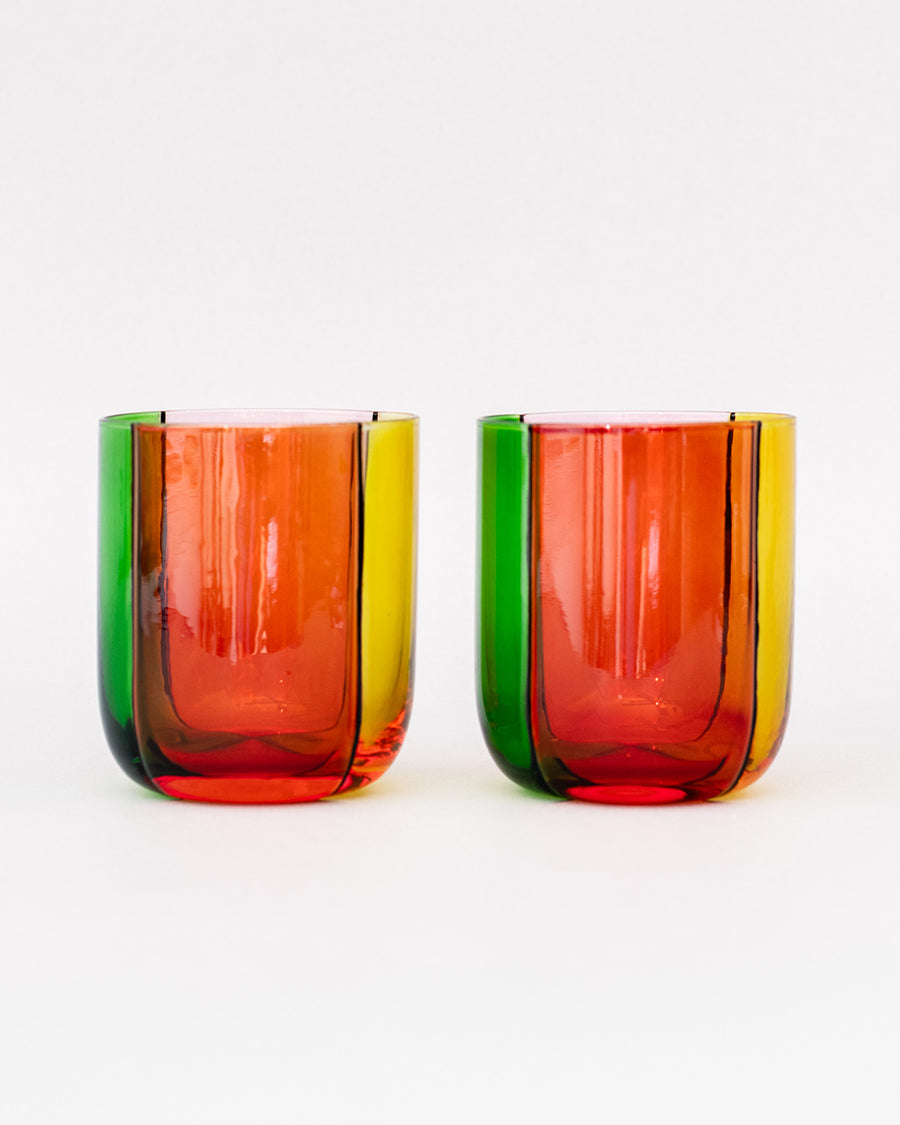 reverse side of set of two low ball glass set with four colors sections: pink, green, orange and red
