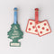 set of 2 luggage tags: green air freshener tree with white 'on the road again! pleasantville USA and red and white double dice
