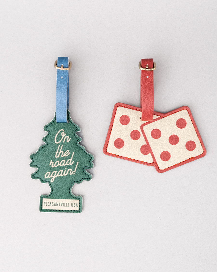 set of 2 luggage tags: green air freshener tree with white 'on the road again! pleasantville USA and red and white double dice